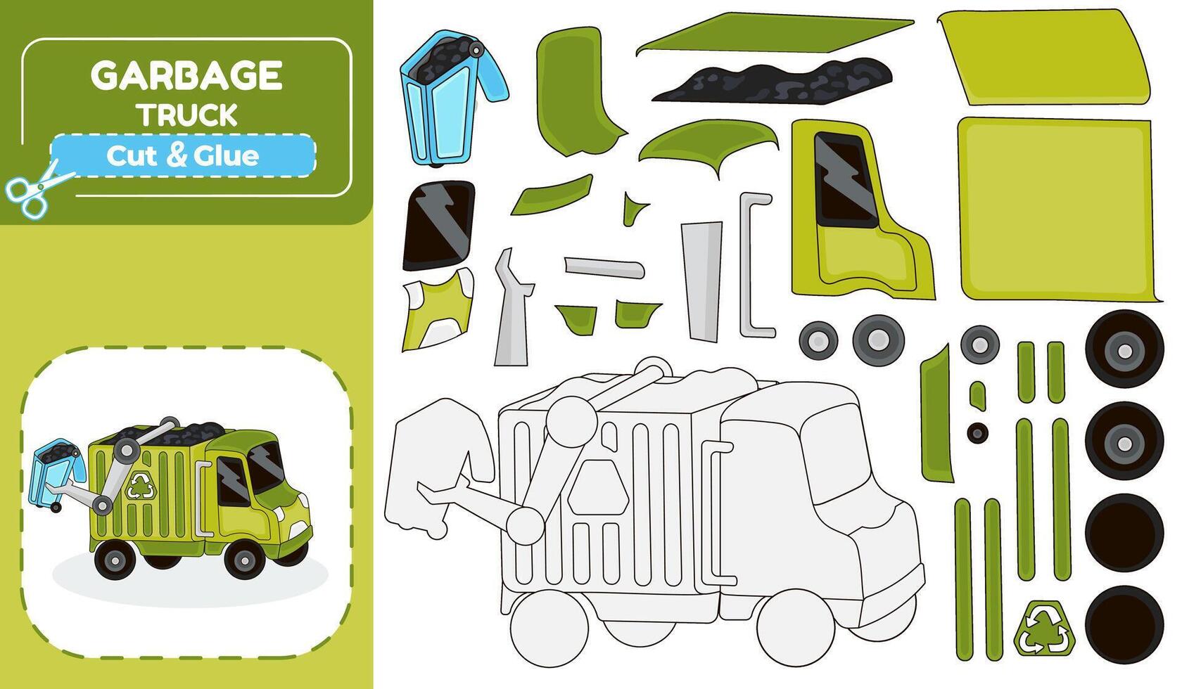 Garbage Truck Paper Model Puzzle Cut and Glue Activity for Kids vector
