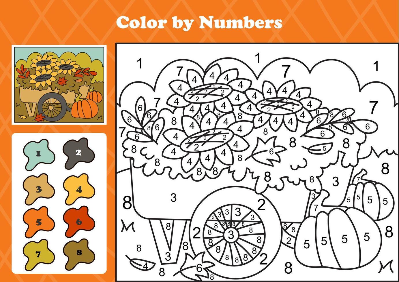 Cozy autumn color by number game with sunflowers, pumpkins, and wooden cart in a printable fall garden scene vector