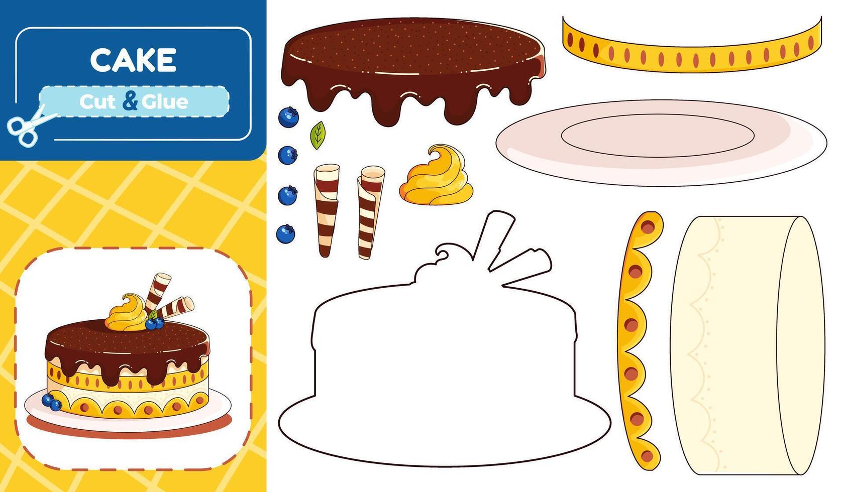 Cake Paper Model Puzzle Cut and Glue Activity for Kids vector