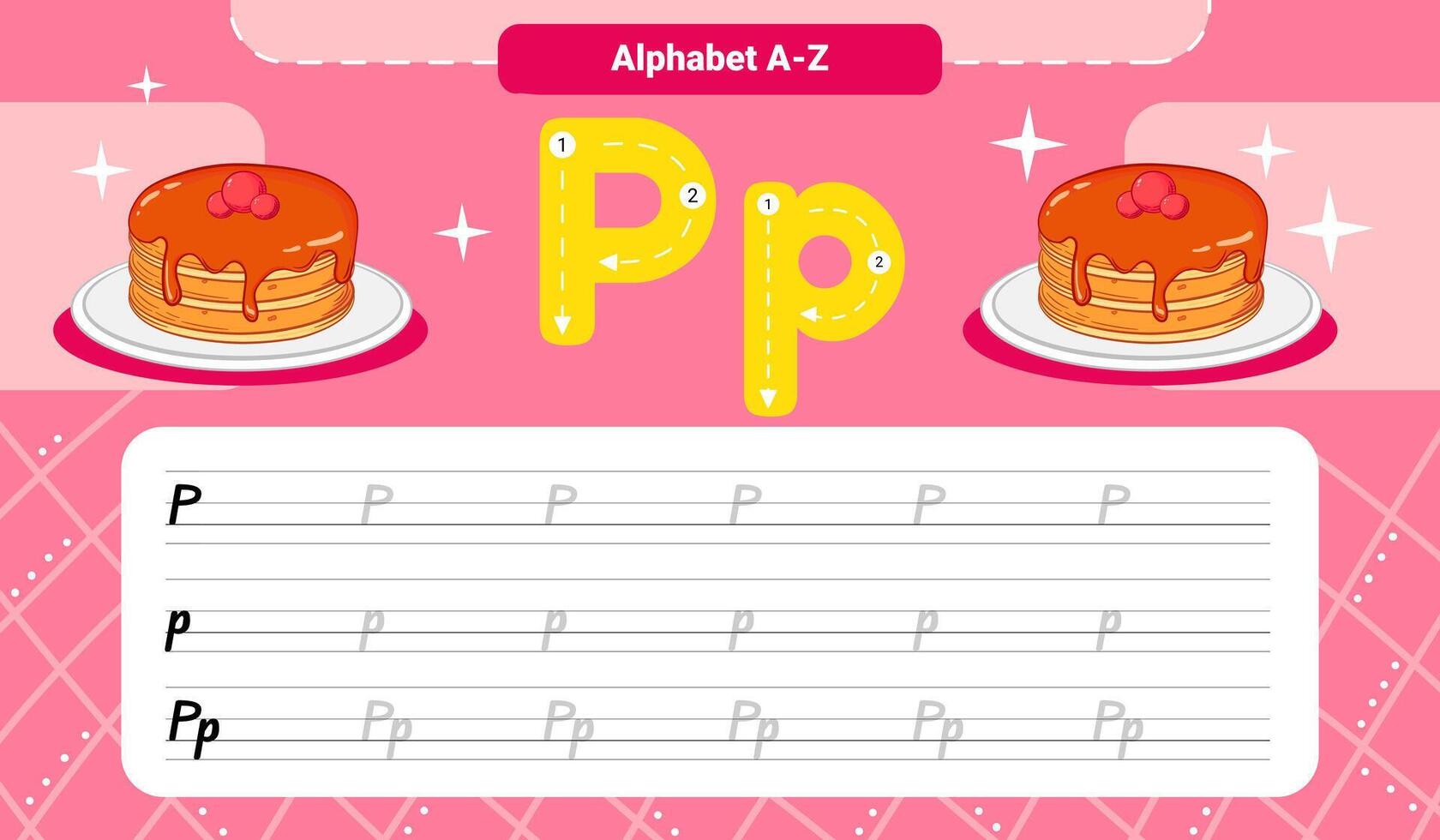 Letter P Tracing Worksheet with Cute pancakes Illustration for Kids vector