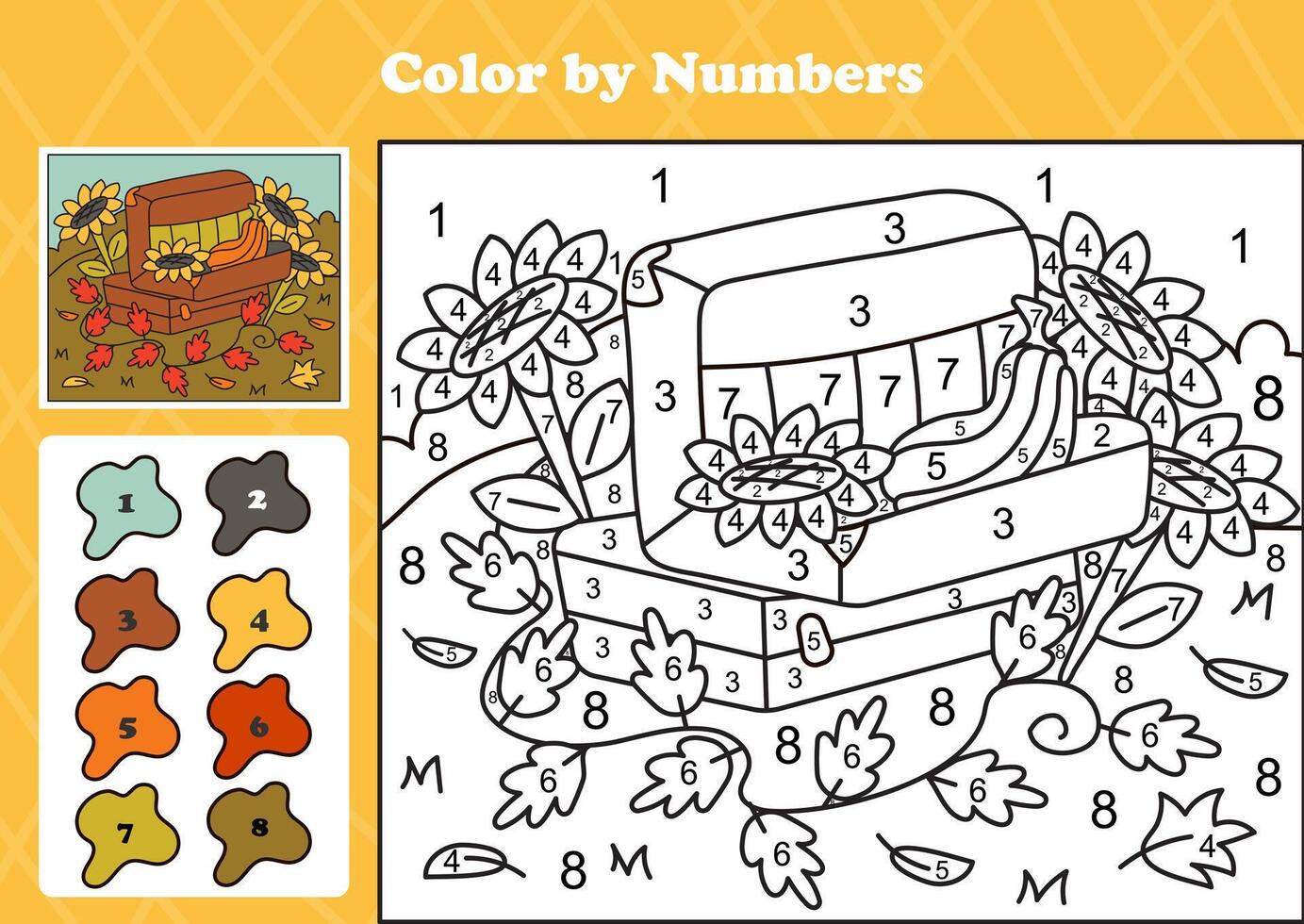 Cozy autumn color by number game with pumpkin, sunflower, and suitcase in a fall garden for kids vector