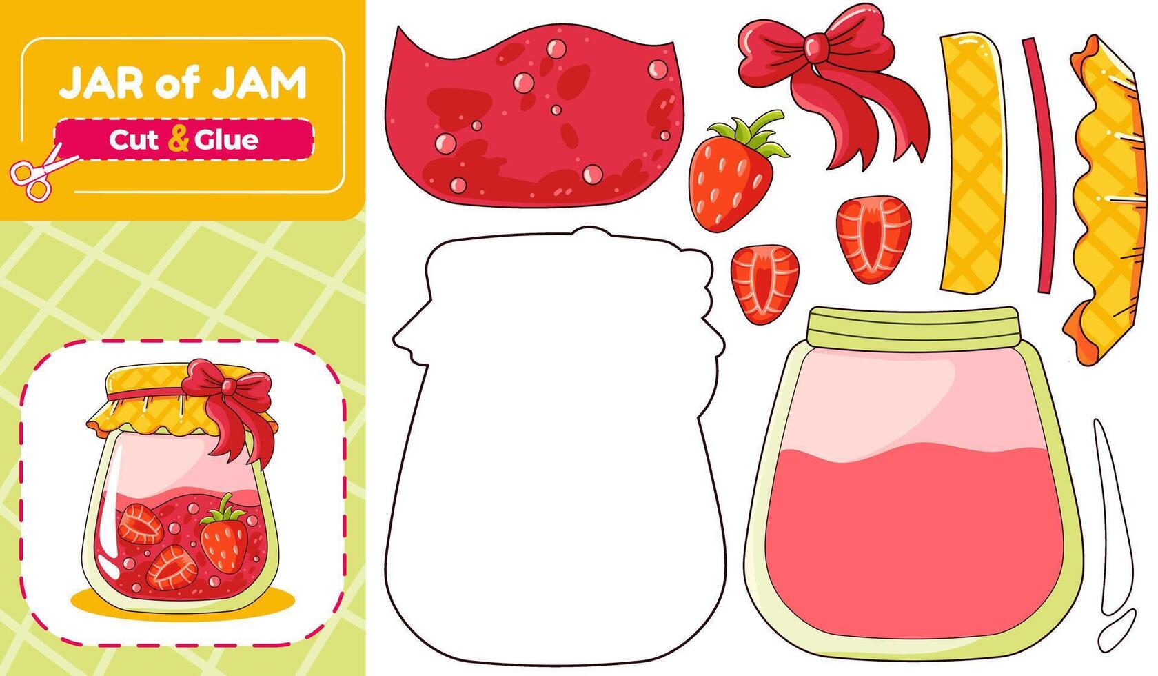 StrawberryJar of Jam Paper Model Puzzle Cut and Glue Activity for Kids vector
