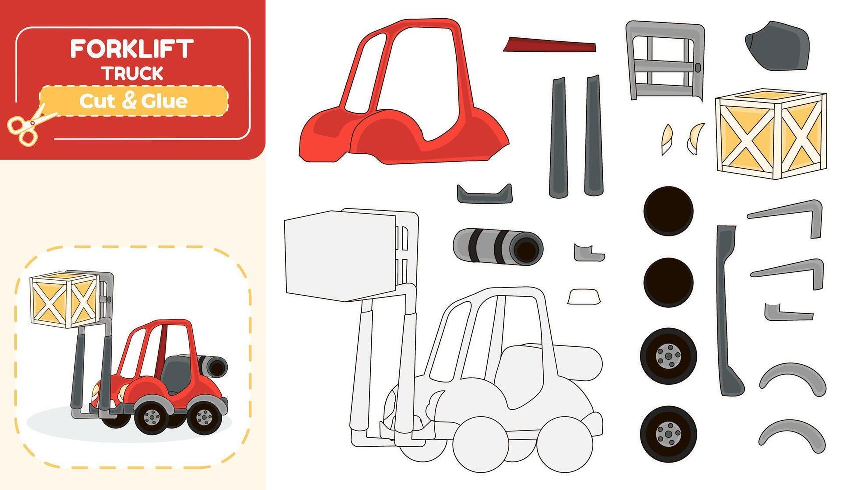 Forklift Truck Paper Model Puzzle Cut and Glue Activity for Kids vector
