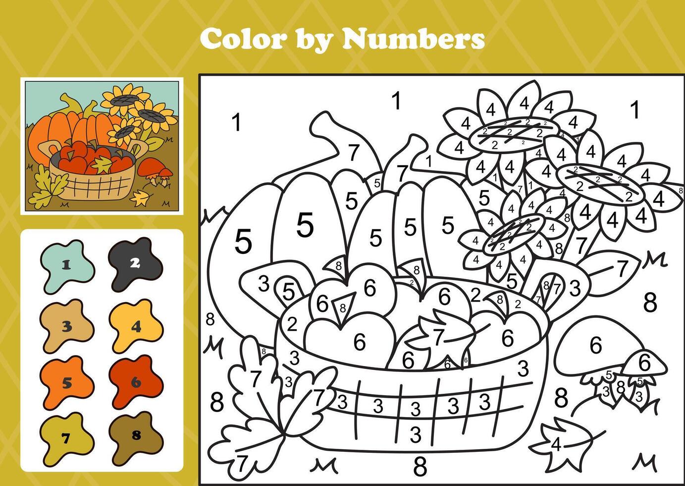 Cozy autumn garden scene with sunflowers, pumpkins, apples, and mushrooms as a color by numbers activity vector