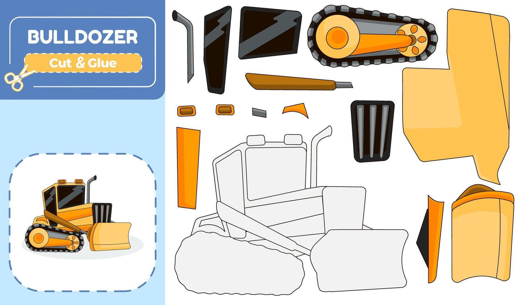 Bulldozer Truck Paper Model Puzzle Cut and Glue Activity for Kids vector