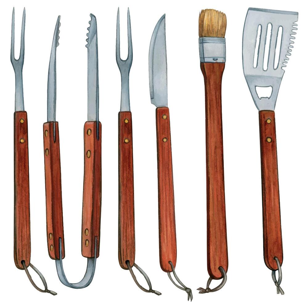 Watercolor hand drawn bbq cooking tools vector