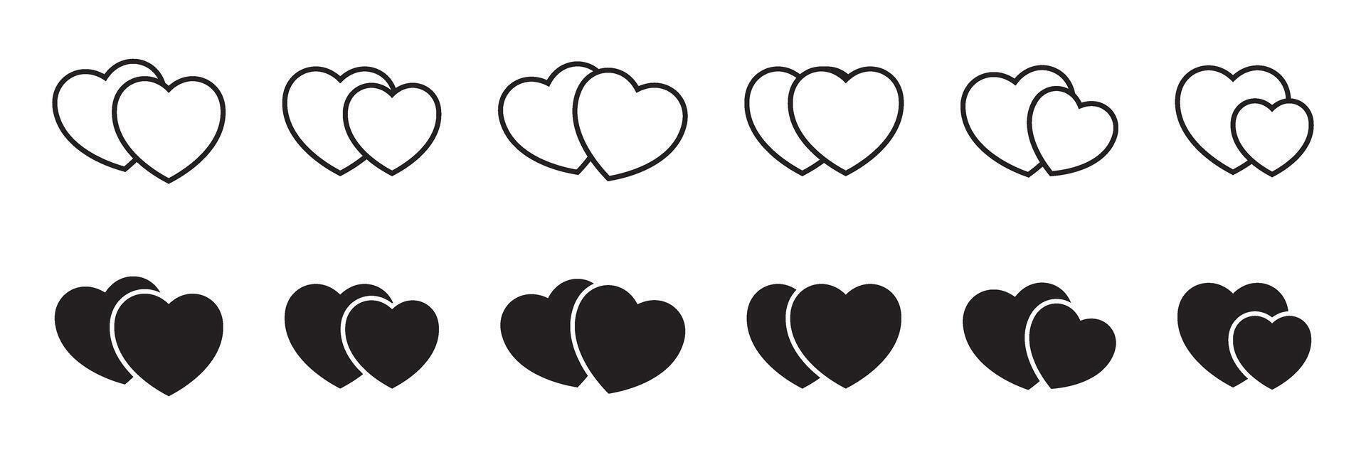 Two hearts icons set. Hearts in different pose. Healthy or medicine, love or romantic design element. vector