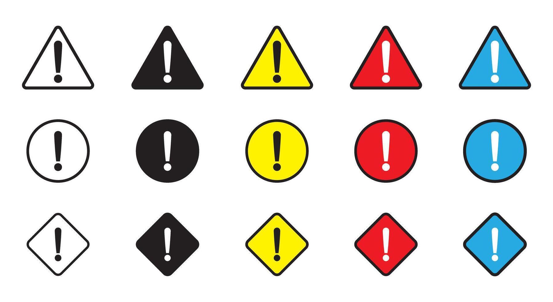 Warning sign and symbol. Exclamation mark in triangle and circle. Black, yellow, blue and red color alert icon. vector
