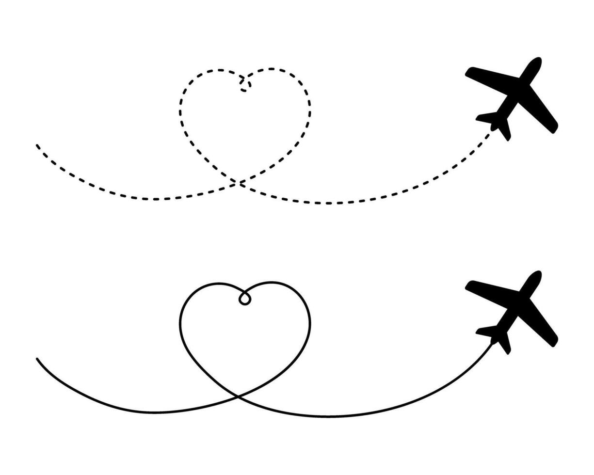 Heart airplane route. Love airplane flight route with heart shape. vector