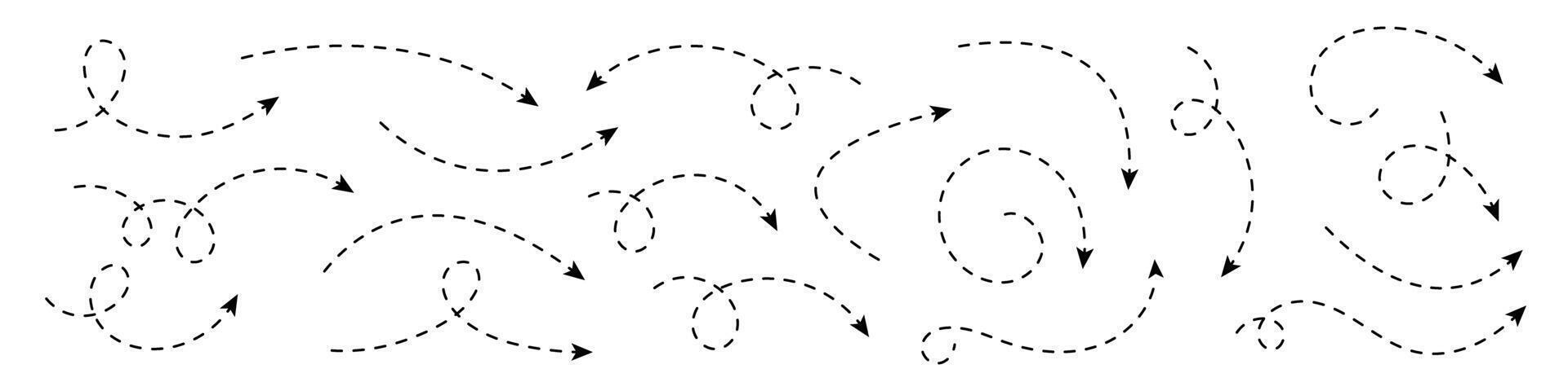 Collection of dashed curved hand drawn arrows collection. vector