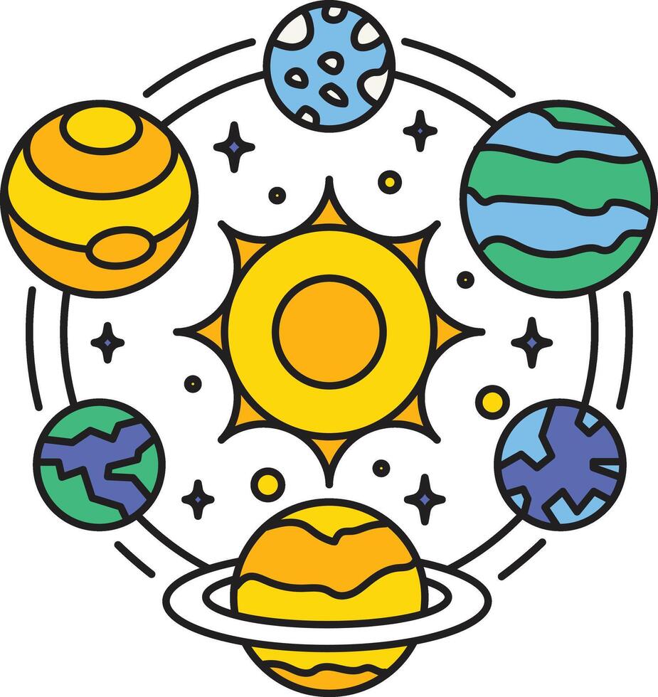 Flat Astronomy Icon, Telescope and Planets in Orbit vector
