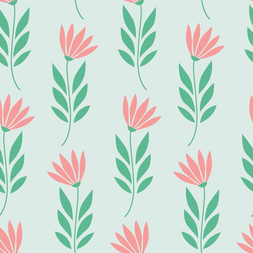 Seamless floral pattern with pink petal flowers and green leaves on light background in modern flat style vector