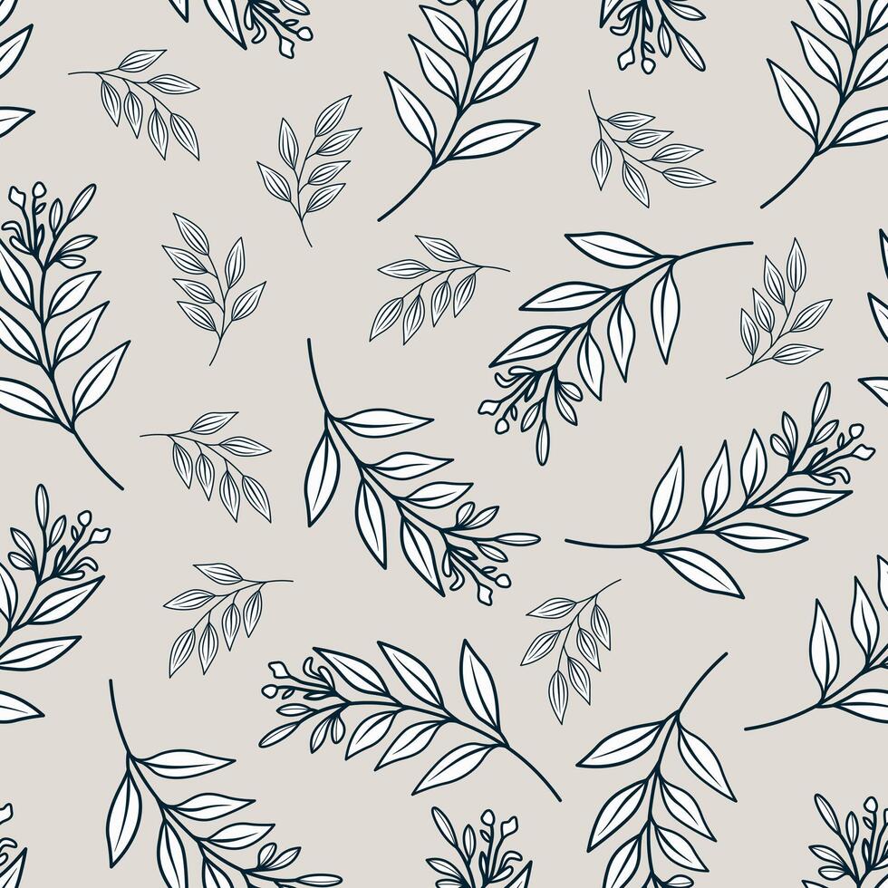 Seamless pattern featuring minimal line art branches and leaves. Ideal for packaging, fabric, branding, and elegant design projects vector