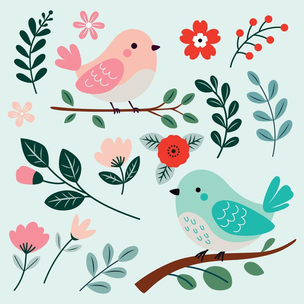 Charming set of minimal cartoon birds and floral elements. Great for kids' designs, greeting cards, prints, and playful branding vector