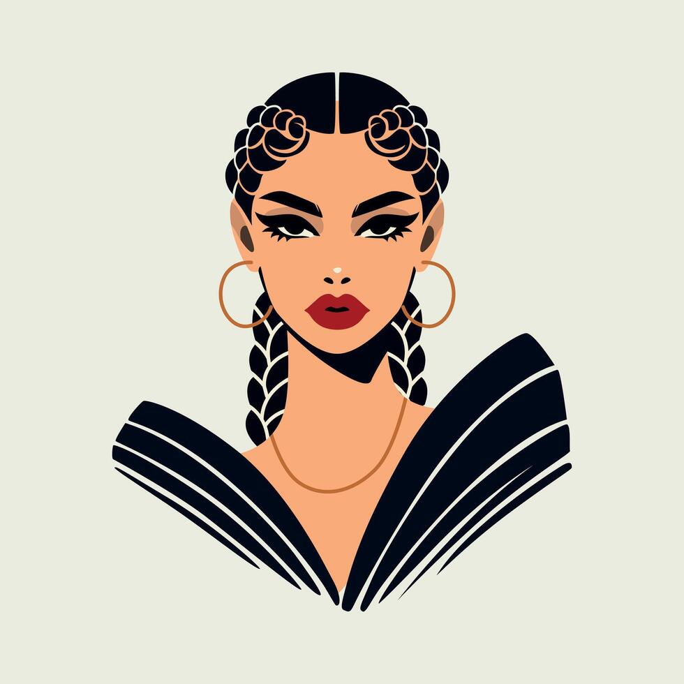Bold fashion portrait of a stylish woman with braids, hoop earrings, and dramatic makeup in modern flat style vector