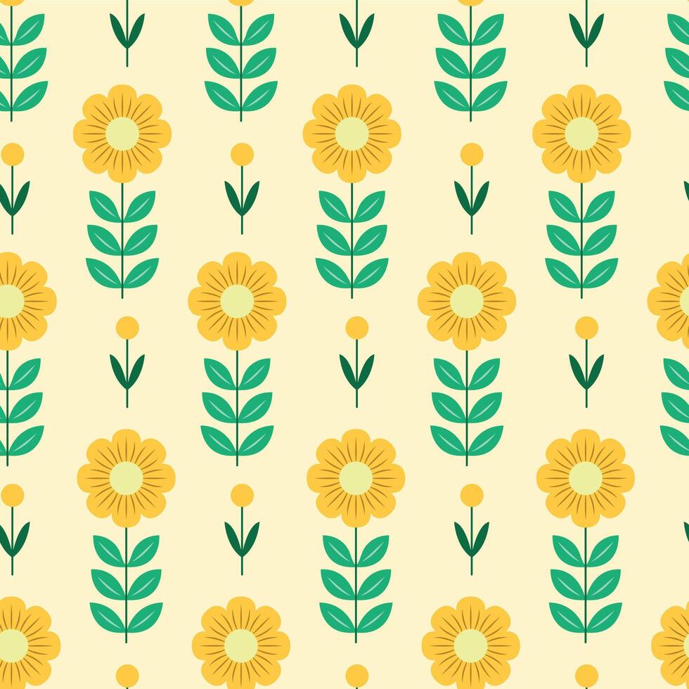 Seamless floral pattern with yellow flowers and green leaves on cream background in playful flat design vector