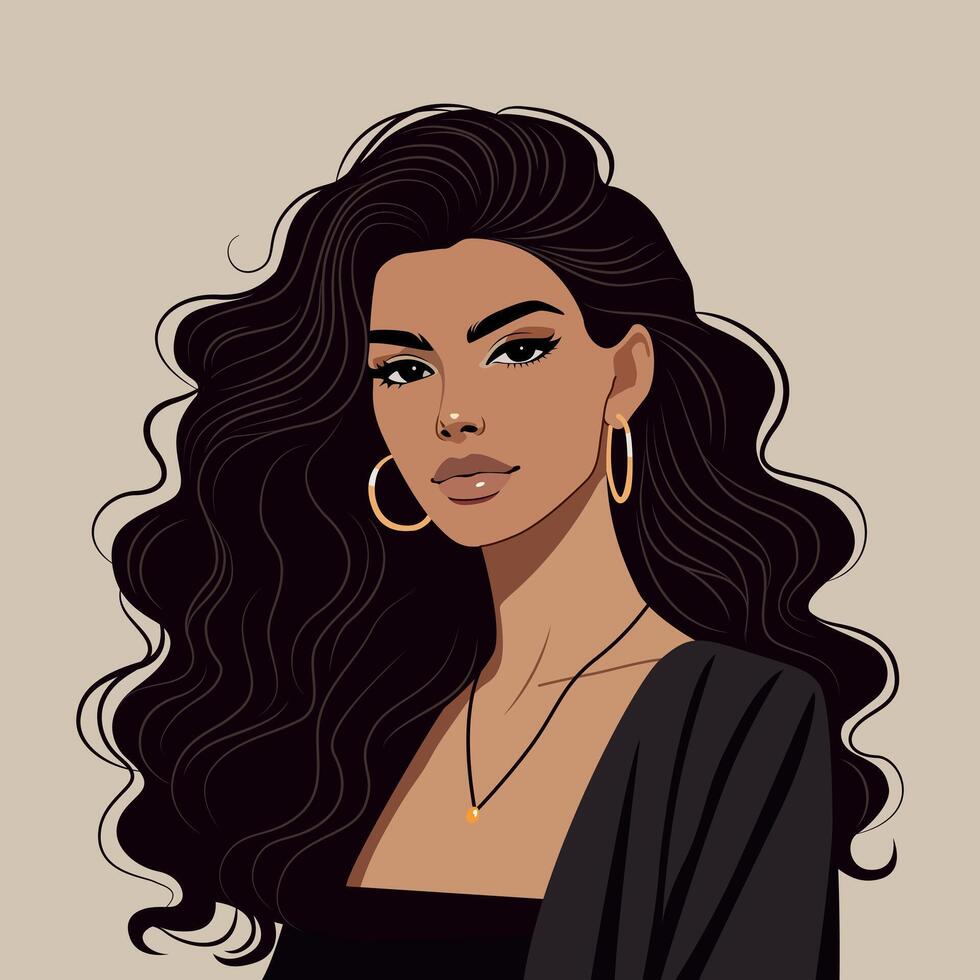 Elegant portrait of a gorgeous Latina woman with voluminous curly hair, gold earrings, and a sleek black dress. vector