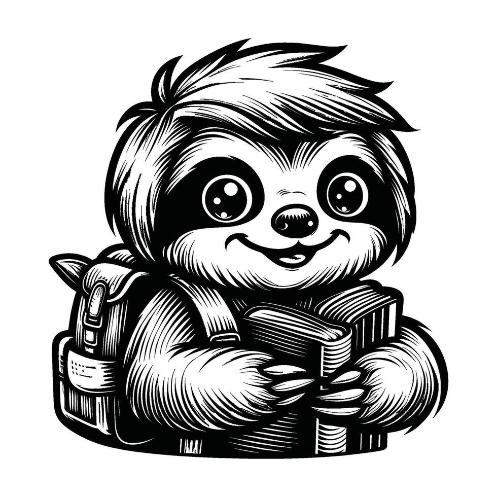 A black and white drawing of a sloth with a backpack vector