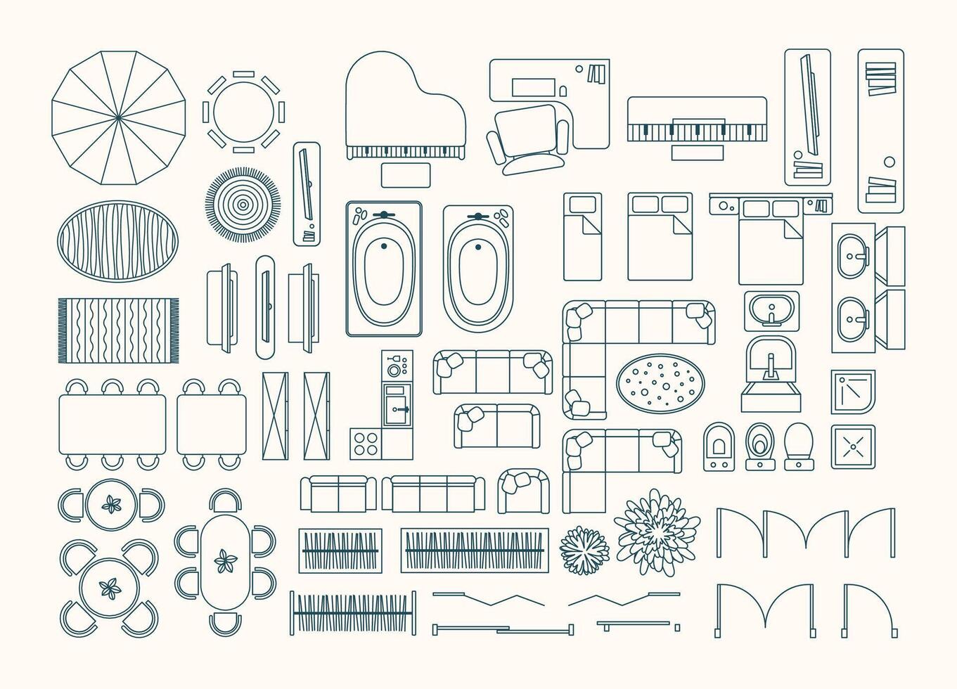 Editable floor plan elements in stroke style for design projects. Customizable for use in architecture, interiors, and more vector