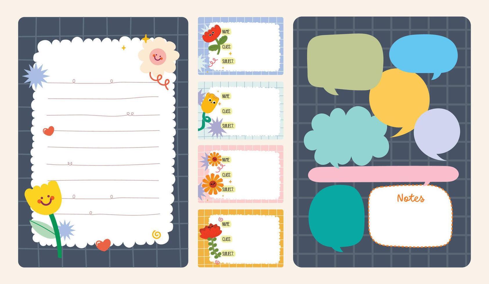 Adorable journaling element set with colorful notes, stickers, and labels perfect for scrapbooking, planner decoration, and fun creative stationery crafts vector