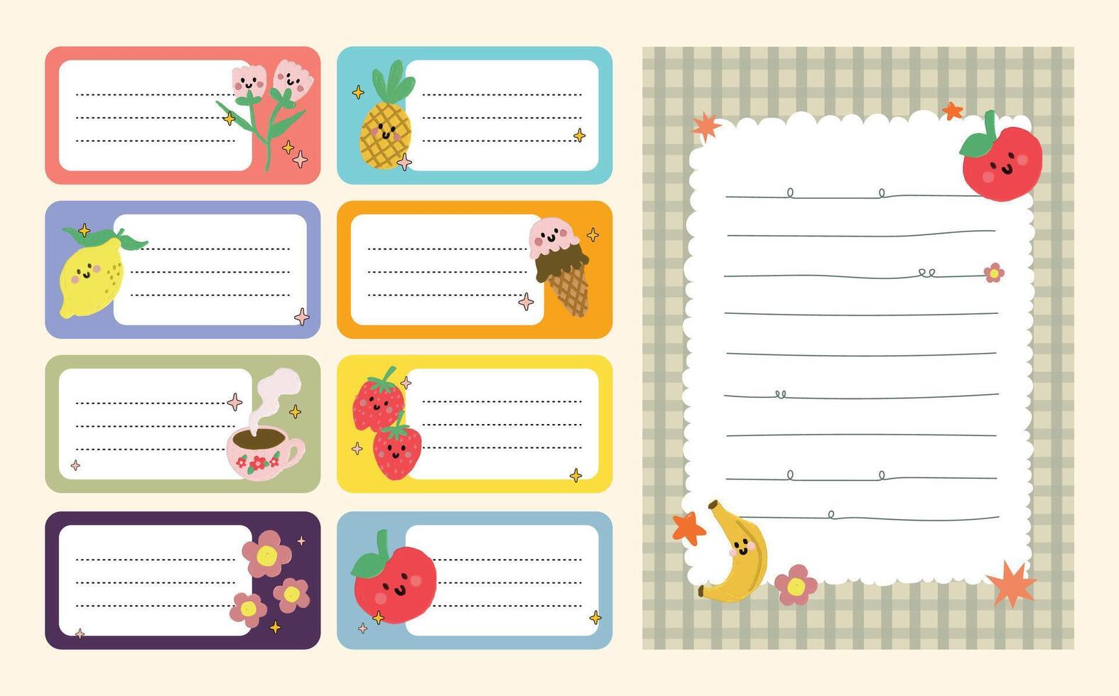 Adorable kawaii journaling set with pastel notes, stickers, and labels in soft hues, perfect for planners, scrapbooks, school projects, and decorative creative projects vector