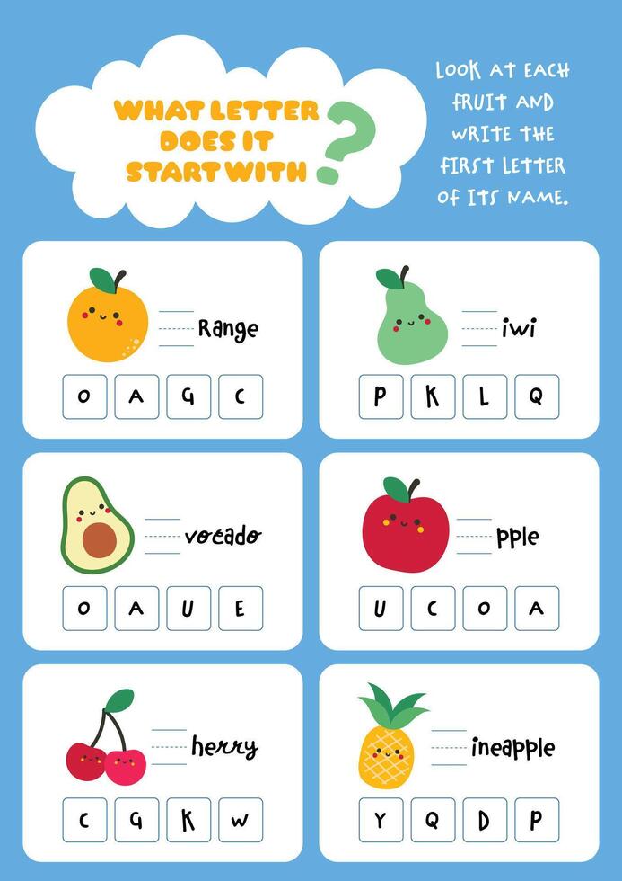 Fun printable worksheet for kids to find and complete the missing first letters of fruit names designed to support early reading writing and fruit name recognition skills vector