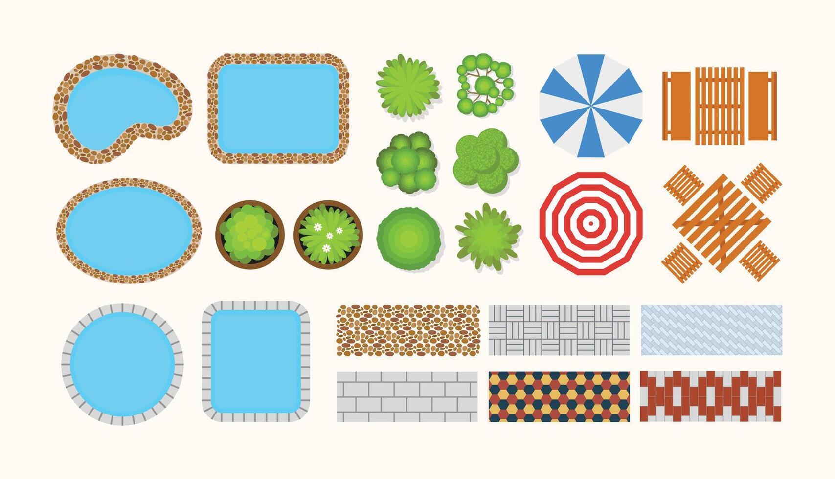 Top view set of outdoor floor plan elements including path textures swimming pool garden bench table and bush suitable for landscape design and architectural illustration vector