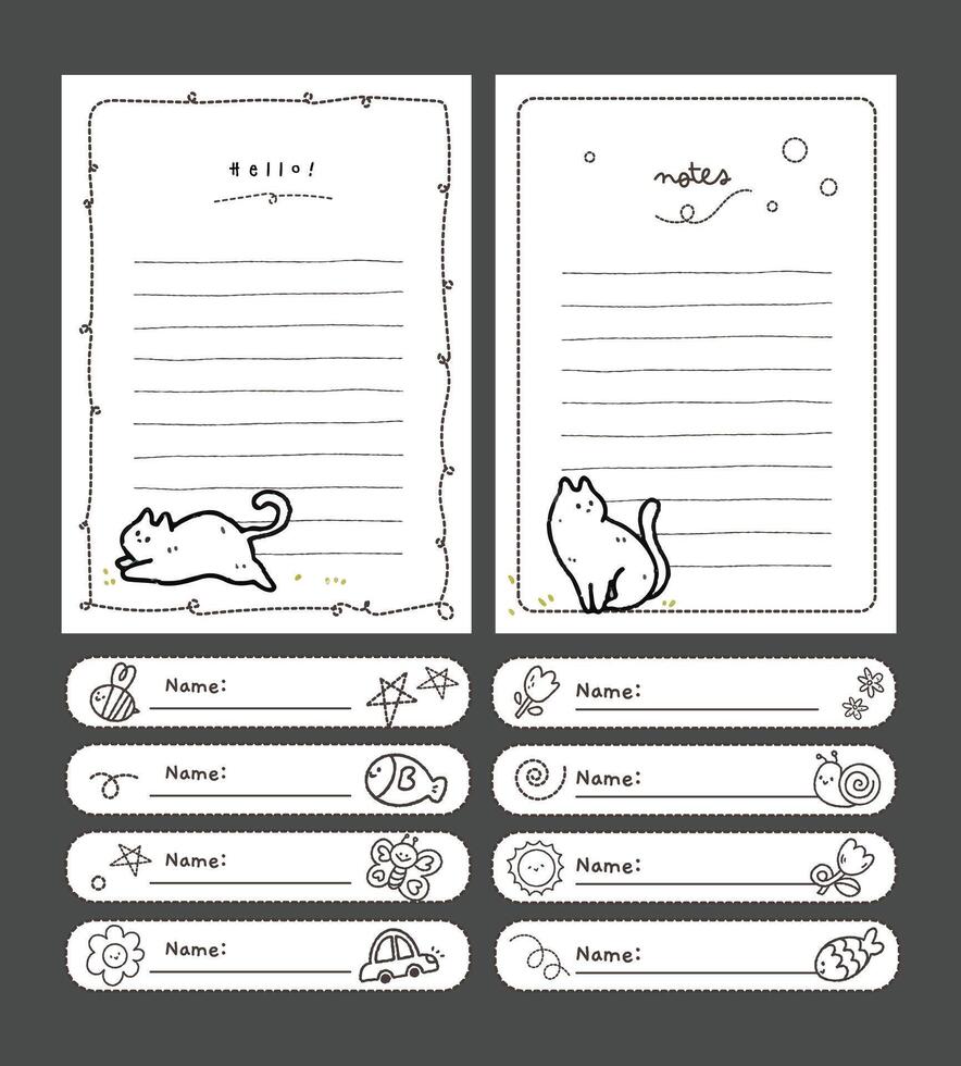 black and white journaling set with cute kawaii animal illustrations including notes stickers and labels delivers cheerful decoration for planners scrapbooks and creative projects vector