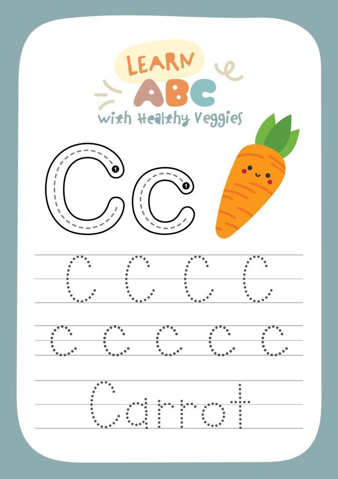 Healthy vegetable tracing worksheet to help kids learn about veggies while practicing handwriting skills in a fun and creative educational way vector