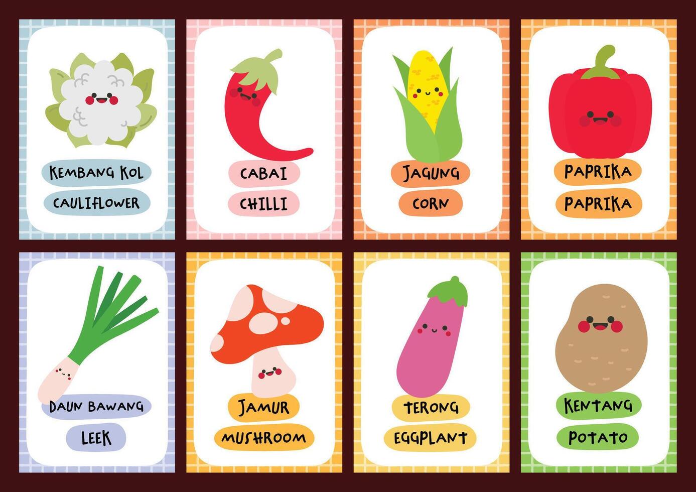 Printable flashcard set for kids to learn vegetable names in Indonesian and English fun and colorful tool for bilingual learning vocabulary and language development vector