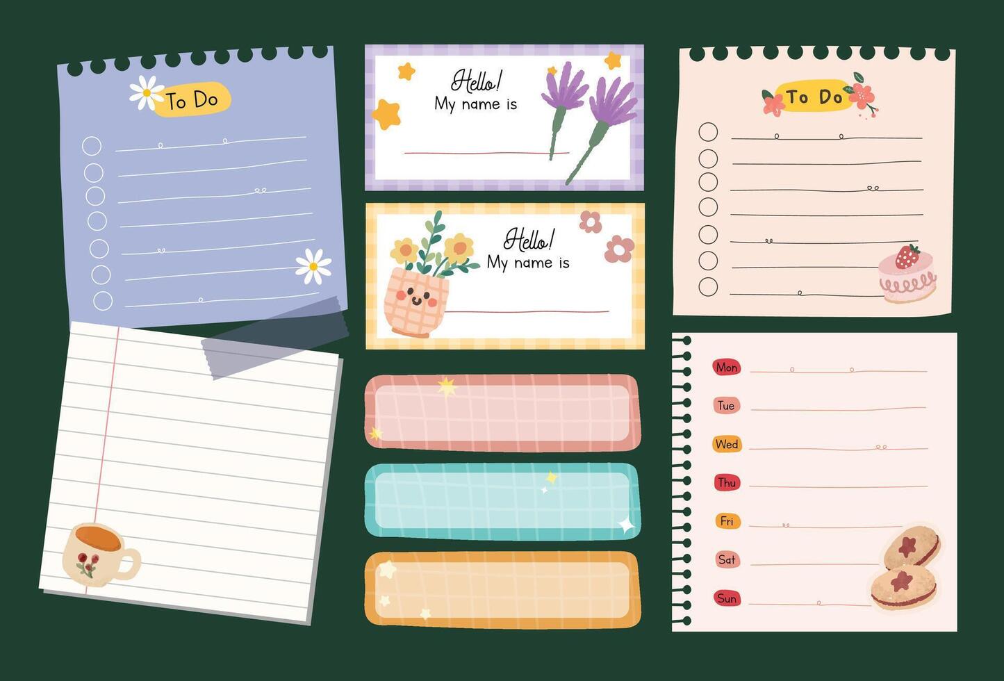 Colorful journaling element collection featuring cute notes, stickers, and labels perfect for scrapbooking, planner decoration, and creative stationery projects vector
