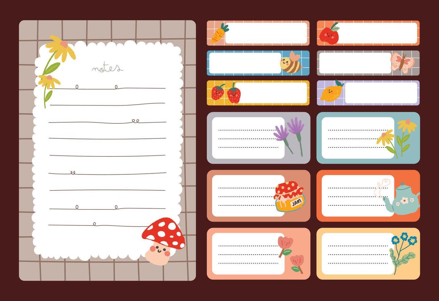 Fun and colorful journaling set including notes, stickers, and labels ideal for scrapbooking, planner decoration, and creative stationery projects vector