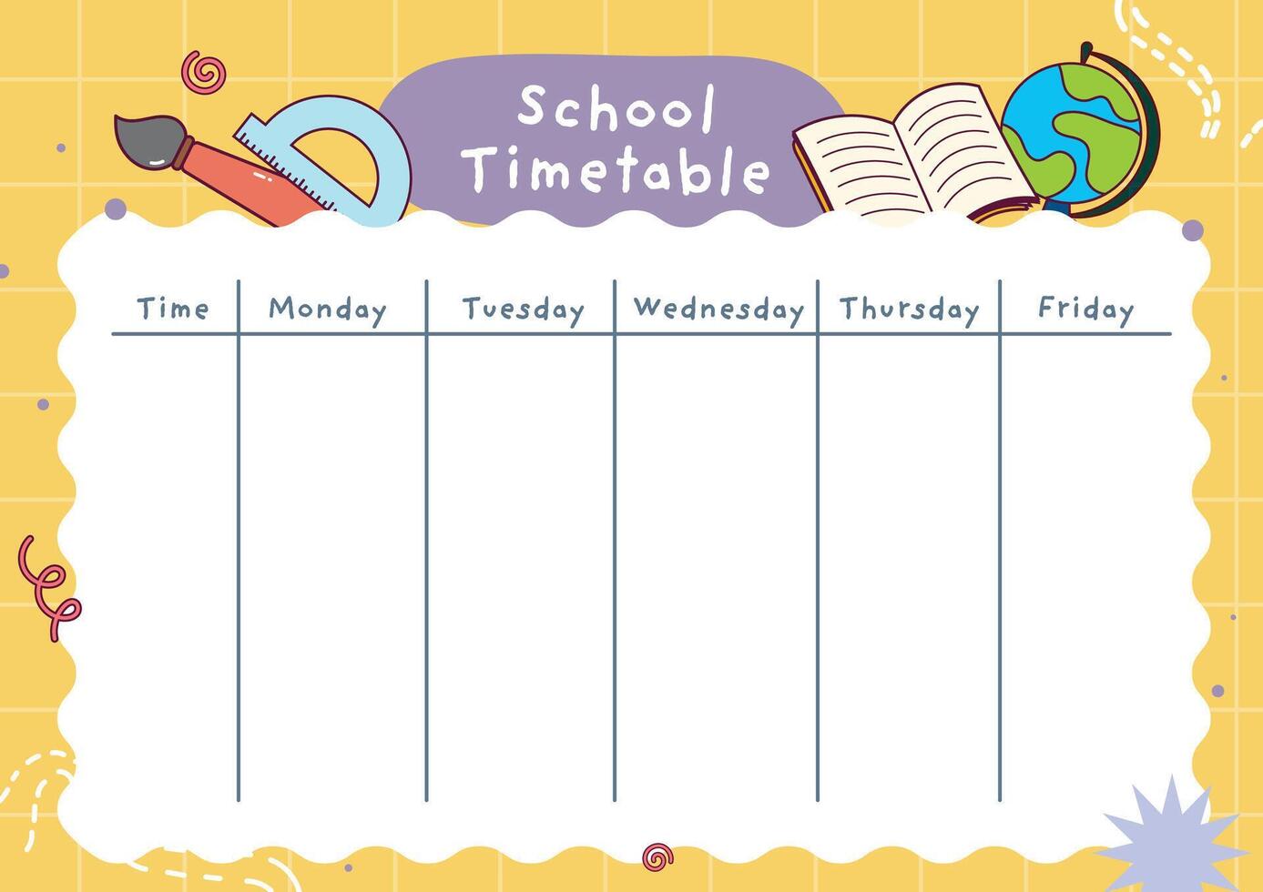 Printable school time table layout for kids to organize daily schedules and get ready for back to school season with a fun and functional template that supports learning and time management vector