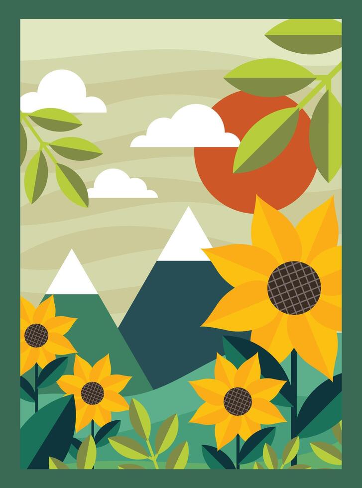 Nature wallpaper layout with blooming sunflower field and mountain landscape in the background perfect for calm scenery designs, seasonal graphic projects vector