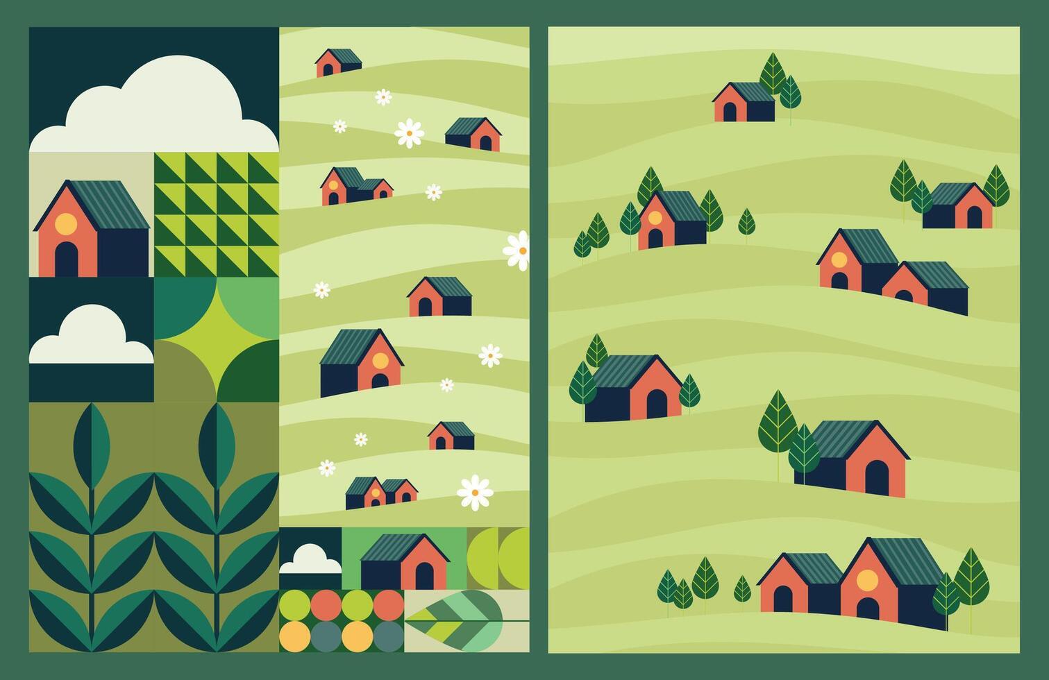 Poster set with a landscape theme incorporating nature and home elements, ideal for creative projects seeking a balance of natural beauty and residential style vector