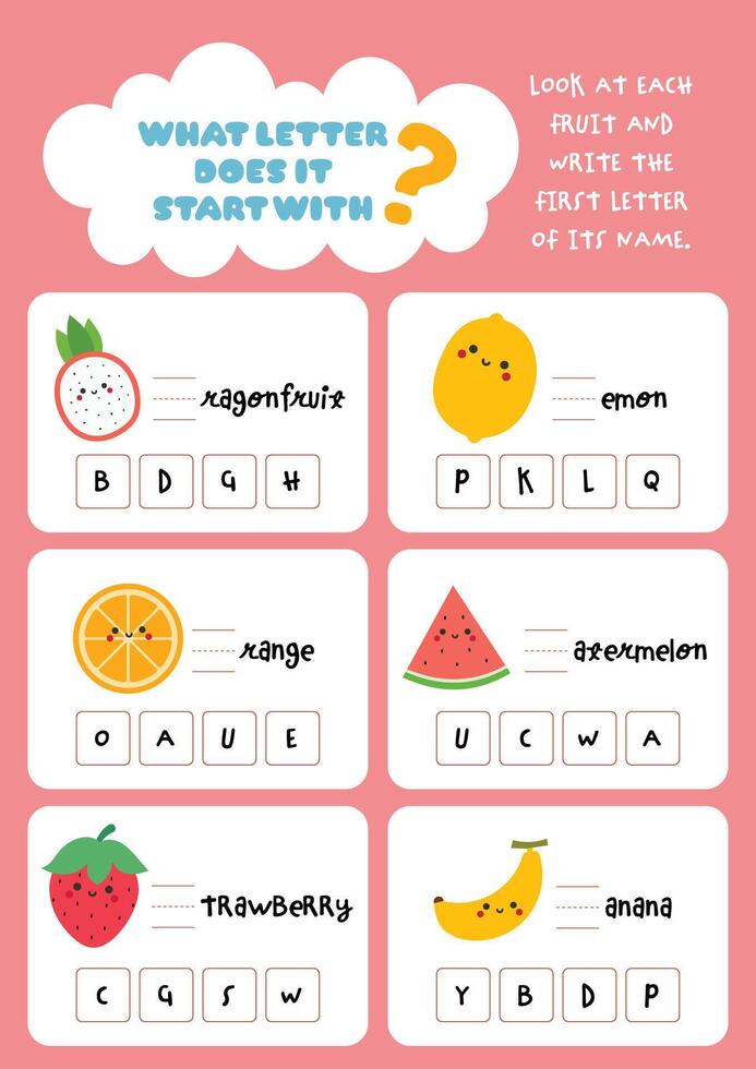 Cute printable worksheet for kids to find and complete the missing first letters of fruit names designed to support early reading writing and fruit name recognition skill vector
