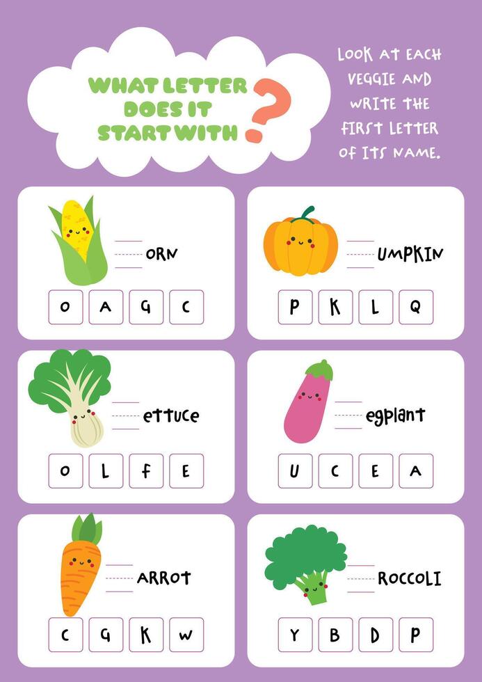 Printable worksheet for kids to search and complete the missing first letters of vegetable names perfect for fun learning early writing and word recognition activities vector