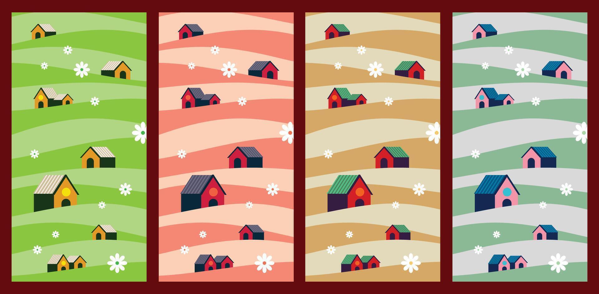 Poster layout of countryside housing shown in seasonal color variations including spring summer autumn and winter with charming and peaceful rural landscape elements. vector