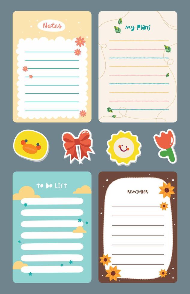 Cute pastel journaling set with kawaii notes, stickers, and labels in soft colors, perfect for planners, scrapbooks, school projects, and DIY decorative crafts vector