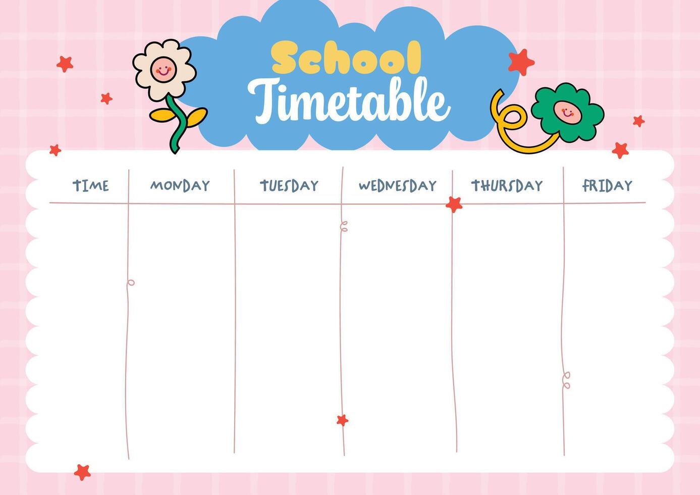 Back to school themed printable time table for kids to help manage their school days and routines using a cheerful and easy to use layout that supports planning skills vector