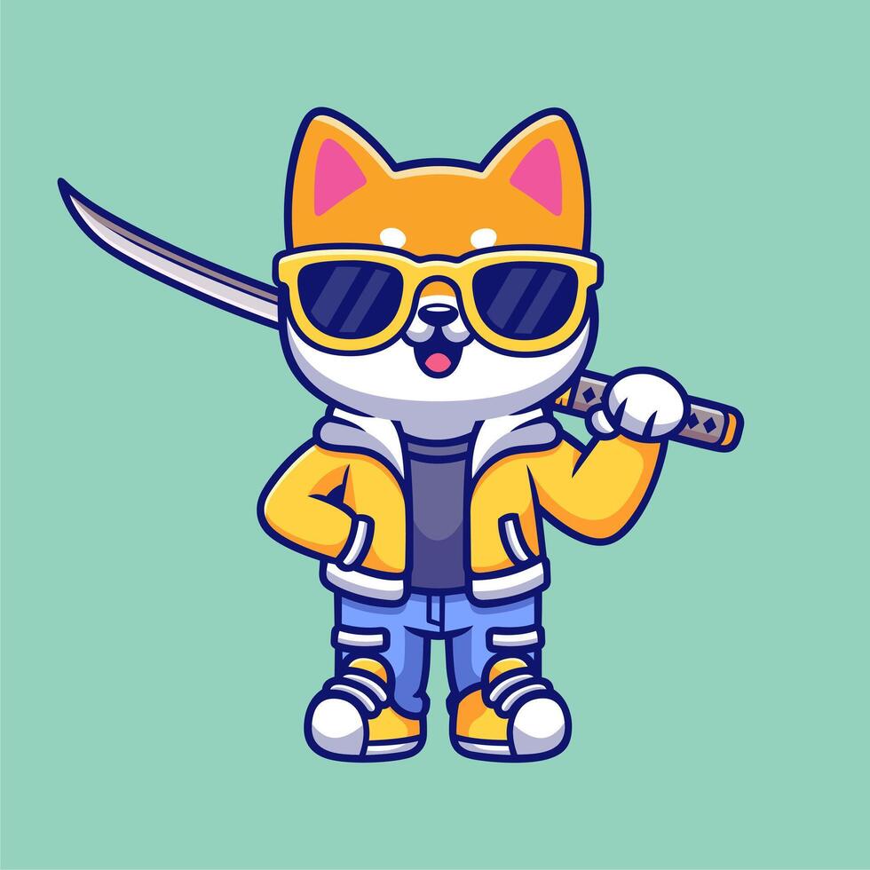 Cute Cool Shiba Inu Dog Holding Katana Sword Cartoon Icon Illustration. Animal Icon Concept Isolated. Mascot Character Design vector