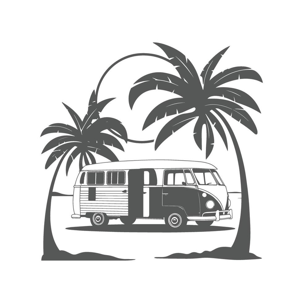 Camping bus with palm trees and the sun on a white background vector