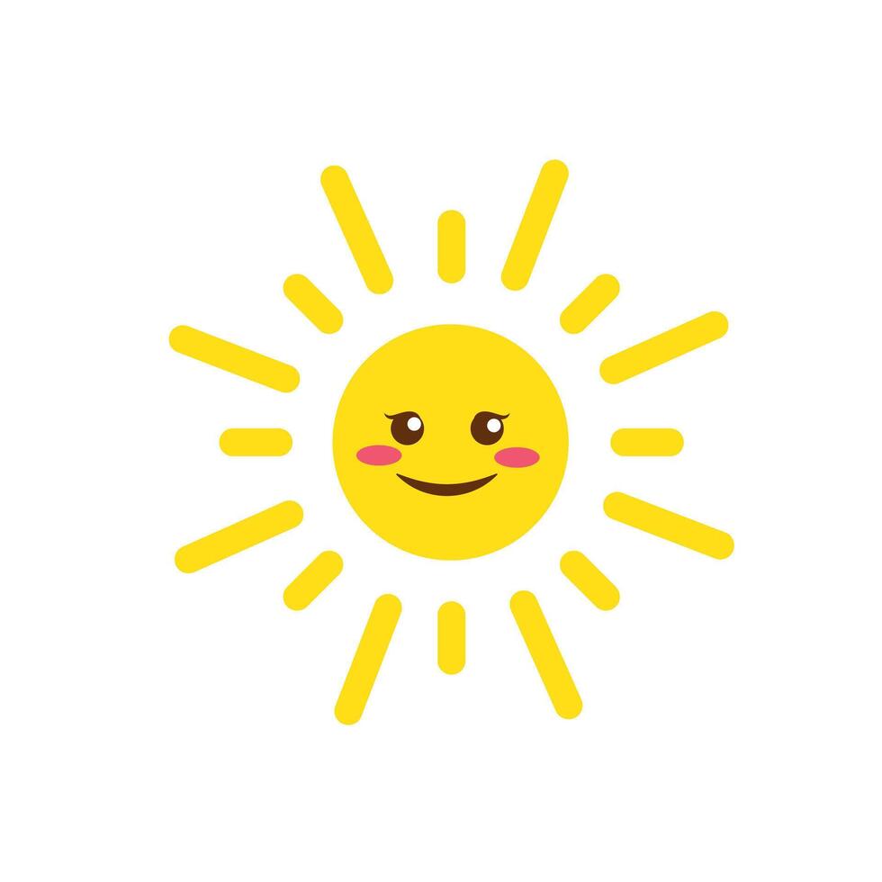 Cute cartoon sun character with kawaii face. Simple doodle yellow mascot isolated on white background. Flat hand drawn icon. vector