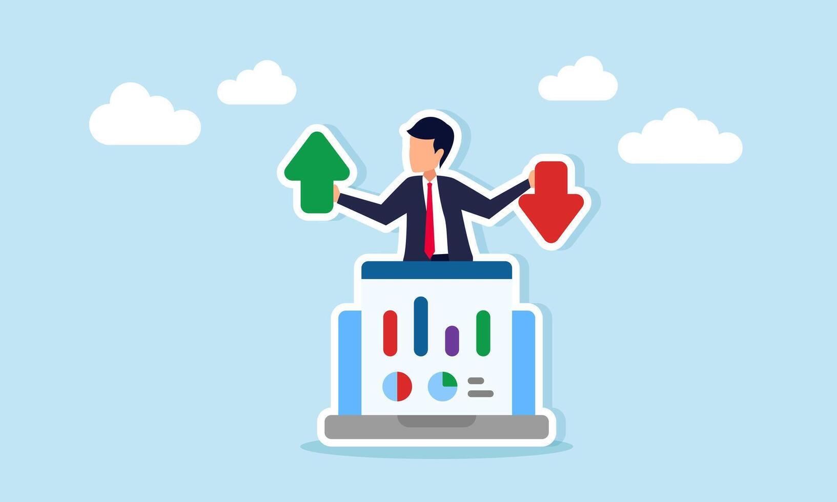 Businessman behind laptop showing app interface with graph holding up and down arrows illustration of business company performance fluctuation by digital data vector