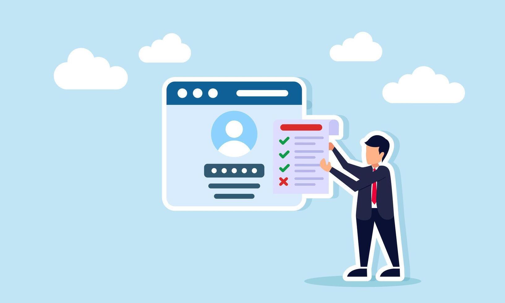 Businessman standing next to login app interface holding paper with list of completed and pending tasks illustration of app security for completing business projects digitally vector