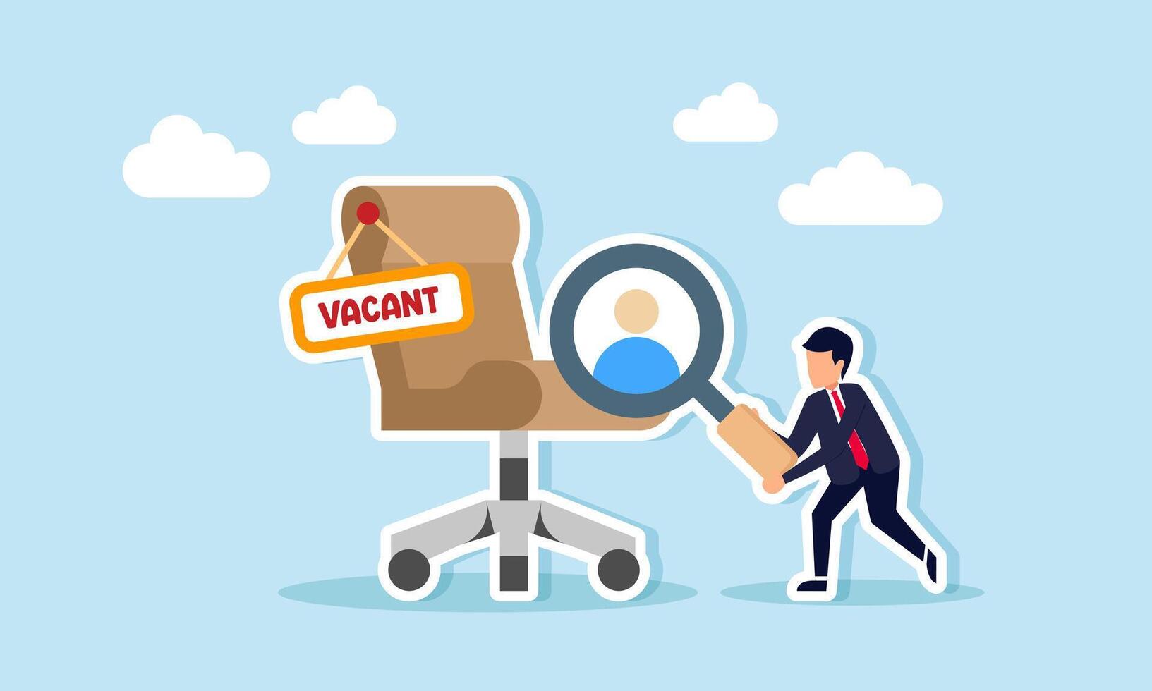 Businessman Standing Beside Office Chair with Vacant Tag Holding Magnifying Glass to Examine Candidate Profile Illustration of Searching for Job Vacancy or Recruitment vector