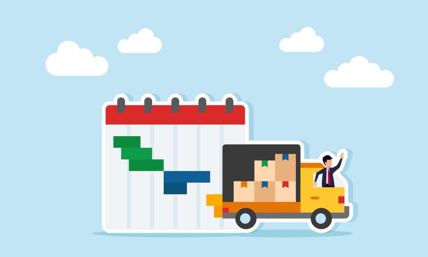 Businessman Driving Package Delivery Van Next to Calendar Schedule Illustration of Timely Logistics Delivery Efficiency vector
