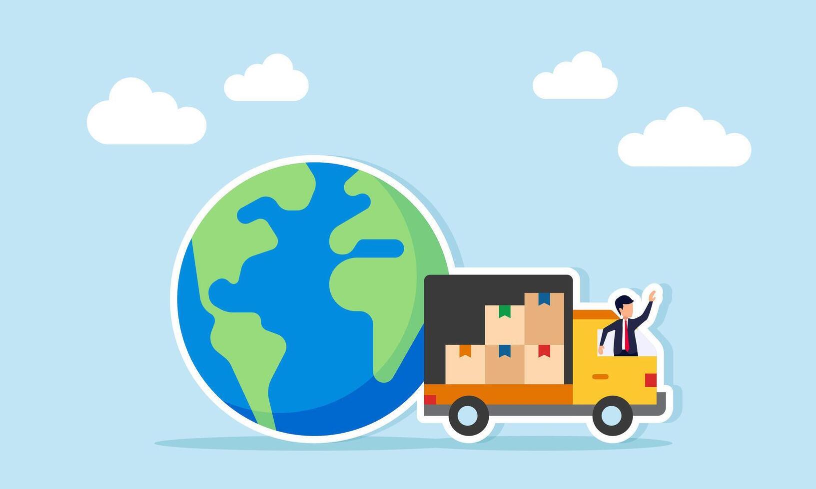 Businessman Driving Package Delivery Van Next to Globe Illustration of Global Logistics Business vector