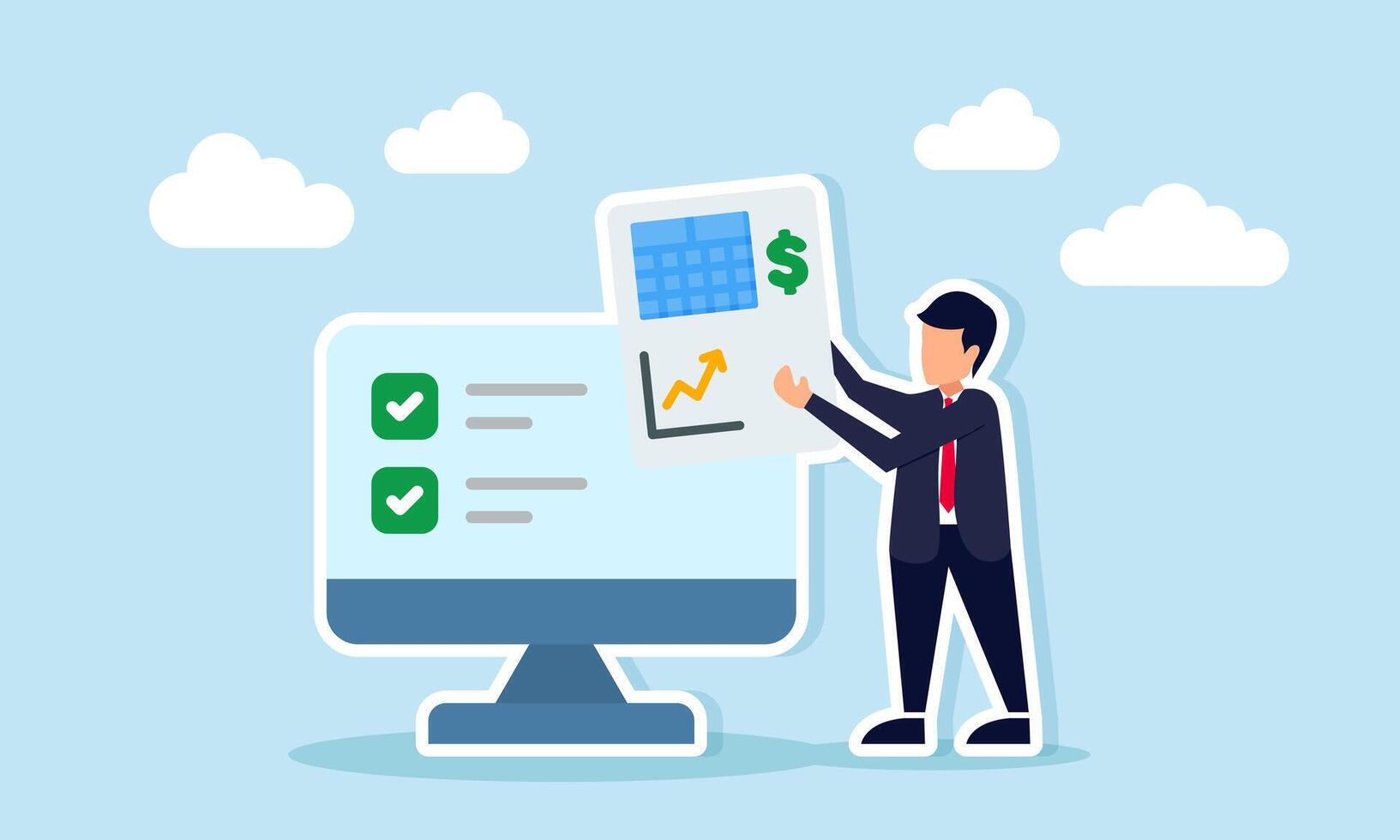 Businessman holding dollar and graph-marked document beside monitor displaying checklist illustration of completing business financial report preparation vector