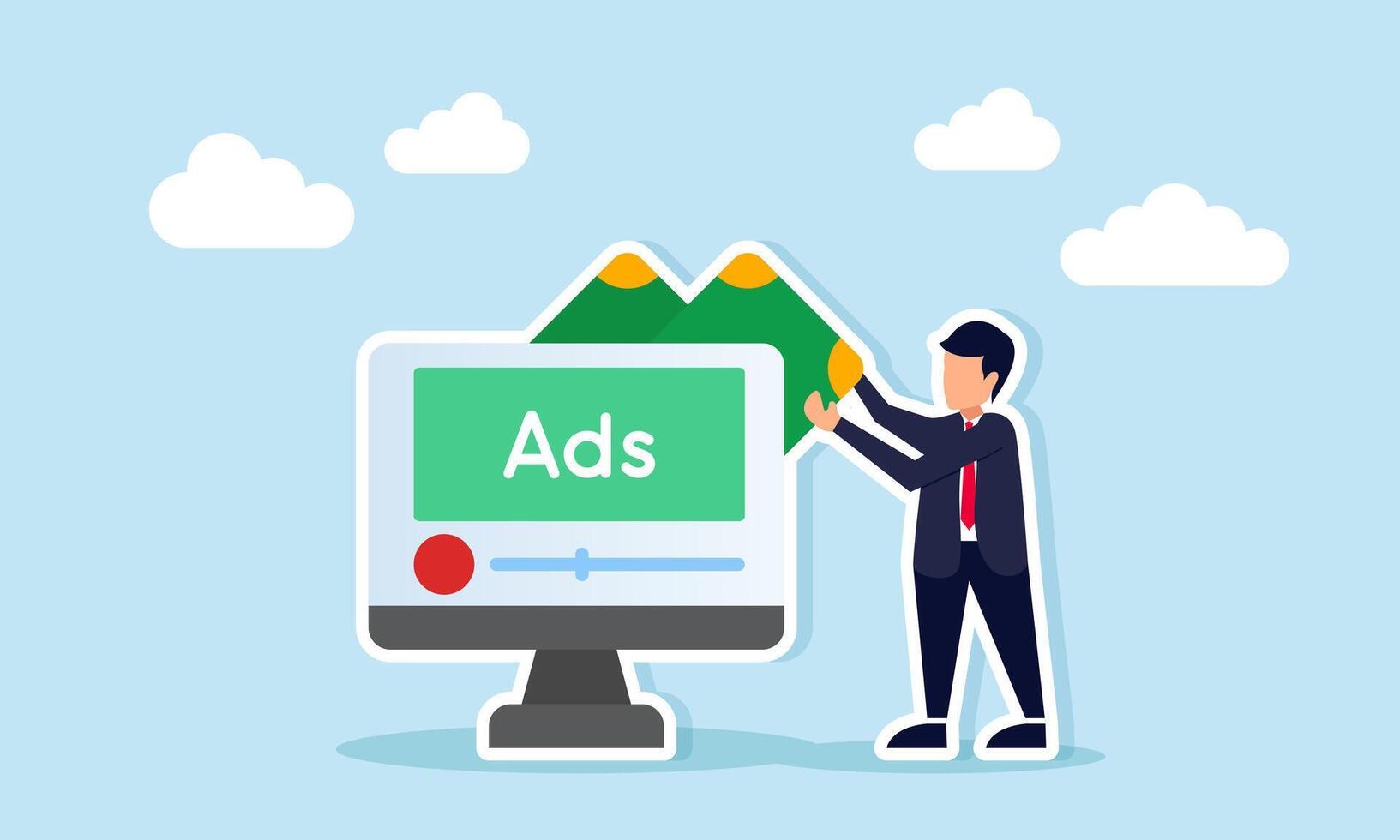 Businessman withdrawing money from monitor displaying ADS interface digital advertising profit illustration vector